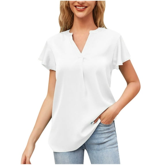 MIUOWANP Women's Short Sleeve Tops Casual Solid Color Loose Breathable Simplicity V-Neck Ruffle Edge Sleeve Blouse Size XXL(12)White