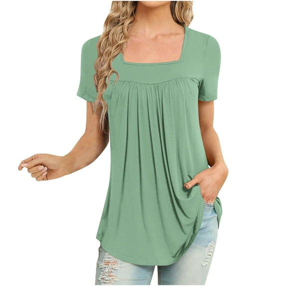MIUOWANP Women's Short Sleeve Tops Casual Solid Color Loose Breathable Square Neckline Pleated T-Shirt Size M(6)Green