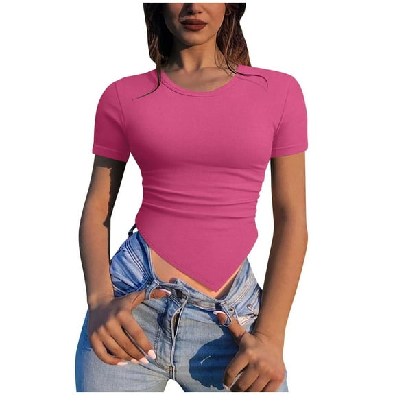 MIUOWANP Women's Short Sleeve Tops Casual Solid Color Stylish Waist Shaping Blouse Easy to Mix and Match T-Shirt Size M(6)Hot Pink