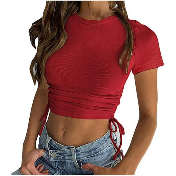MIUOWANP Women's Short Sleeve Tops Casual Trendy Solid Color Slim Pleat Drawstring Blouse Tops Size L(8)Red