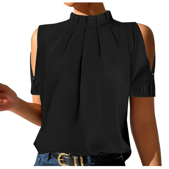 MIUOWANP Women's Short Sleeve Tops Loose Fit Solid Color Business Casual High Neck Off-the-Shoulder Top Size L(8)Black