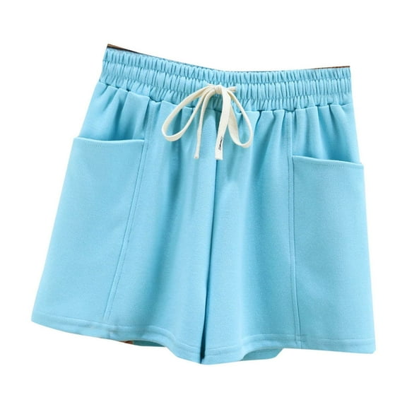 MIUOWANP Women's Shorts with Pockets Solid Color Breathable Drawstring Waist Sports Shorts Size S(4)Light Blue