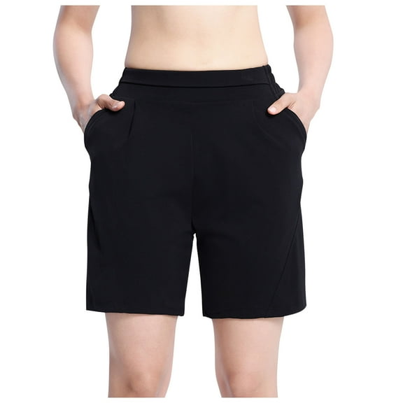 MIUOWANP Women's Shorts with Pockets Solid Color High Waisted and Wide Legged Shorts Breathable Relaxed Fit Shorts Size L(8)Black