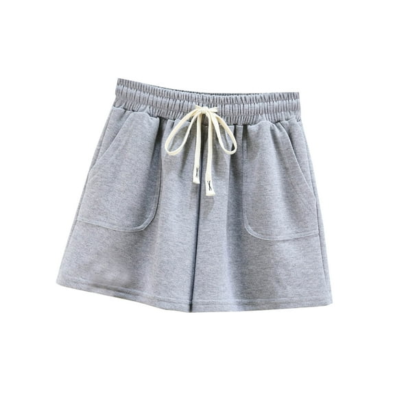 MIUOWANP Women's Shorts with Pockets Solid Color Simple Style Drawstring Waist Sports Shorts Size L(8)Gray
