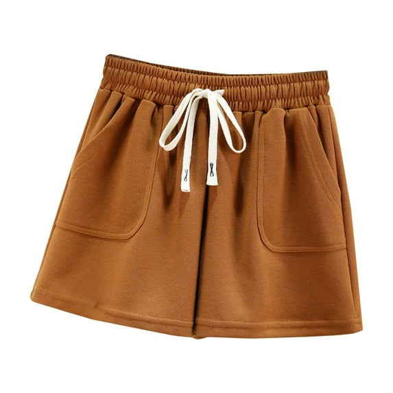 MIUOWANP Women's Shorts with Pockets Solid Color Simple Style Drawstring Waist Sports Shorts Size L(8)Khaki