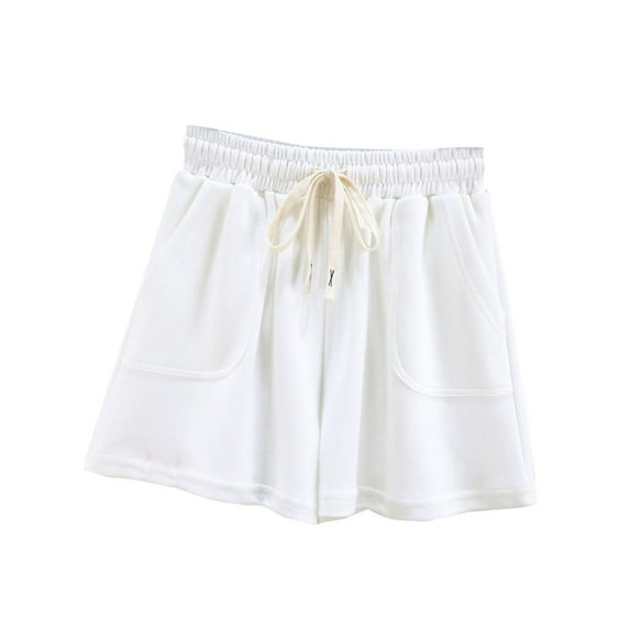 MIUOWANP Women's Shorts with Pockets Solid Color Simple Style Drawstring Waist Sports Shorts Size L(8)White