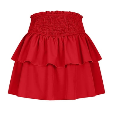 MIUOWANP Women's Skirts Mini Ladies' High Waisted Solid Color Lace Pleated Temperament Sports Short Skirt With Leggings And Half Skirt Red XL