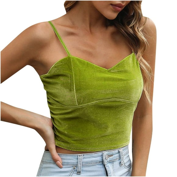 MIUOWANP Women's Sleeveless Gold Velvet Suspender Solid V-neck Top Tank Tops Loose Fit Spaghetti Strap