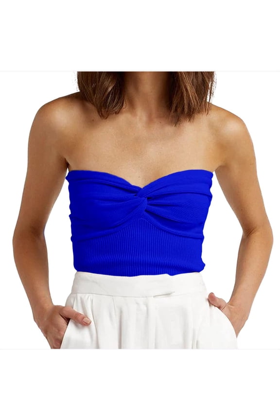 Women's Sleeveless Tops Casual Summer Solid Color Sexy Strapless Strapless Bra Threaded Knitted Top Size M(6)Blue
