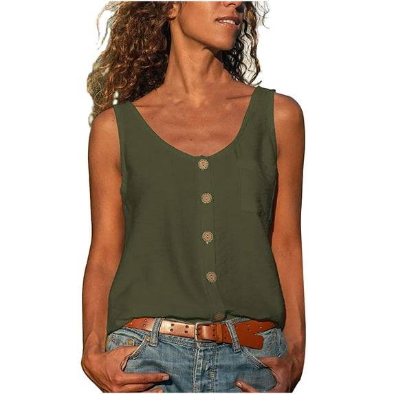 MIUOWANP Women's Sleeveless Tops Casual Summer Trendy Solid Color Loose Breathable V-Neck Button up T-shirt Size L(8)Army Green