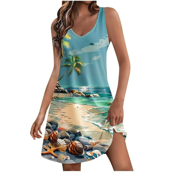 MIUOWANP Women's Sleeveless V-Neck Dress with Pocket Summer Coconut Print Vacation Beach Loose Casual Dress Size XXL(12)Light Blue
