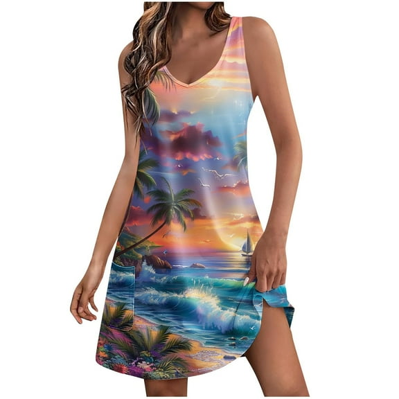 MIUOWANP Women's Sleeveless V-Neck Dress with Pocket Summer Coconut Print Vacation Beach Loose Dress Size L(8)Multicolor