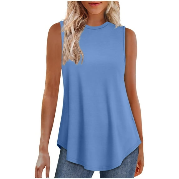 MIUOWANP Women's Solid Color Sleeveless Top Round Neck Casual Pullover Tank Fashionable & Comfortable Blue XL