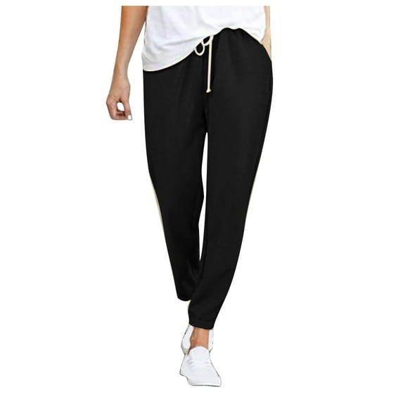 MIUOWANP Women's Straight Sweatpants 2024 Women's Spring And Solid Color Elastic Waist Linen Versatile Straight Tube Casual Wide Leg Pants Black M