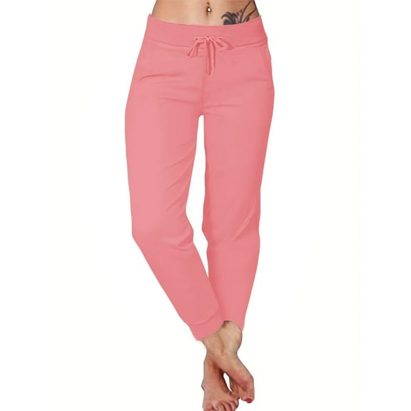 MIUOWANP Women's Stretchy Pants Women's Casual Trousers Solid Color Drawstring Pants Waist Long Pants With Pocket Watermelon Red XL