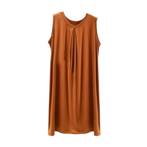 MIUOWANP Women's Summer Casual Tank Dress Sleeveless V-Neck T-Shirt Style, Solid Color Relaxed Pleated Dress Size L(8)Coffee