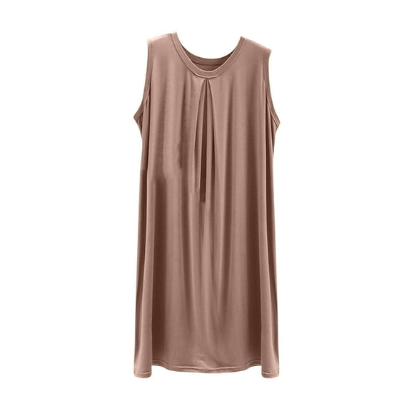 MIUOWANP Women's Summer Casual Tank Dress Sleeveless V-Neck T-Shirt Style, Solid Color Relaxed Pleated Dress Size XL(10)Khaki