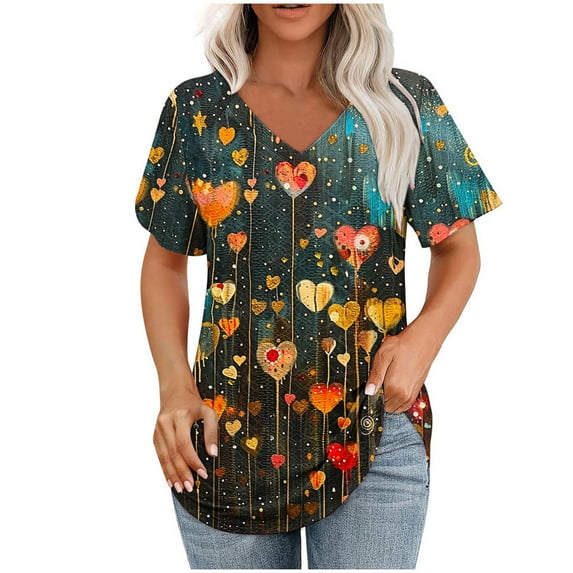 MaFYtyTPR Women's Summer Casual Top Spring And Summer V-Neck Loose Printed Short Sleeves Pullover Top
