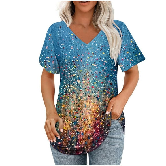 MaFYtyTPR Women's Summer Casual Top Spring And Summer V-Neck Loose Printed Short Sleeves Pullover Top