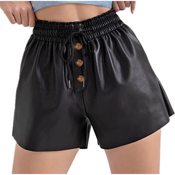 MIUOWANP Women's Summer Elastic Waist Shorts Faux Button Drawstring Waist Leather Look High-Waisted with Slits Casual Shorts Size M(6)Black