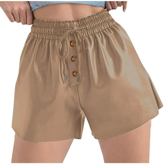 MIUOWANP Women's Summer Elastic Waist Shorts Faux Button Drawstring Waist Leather Look High-Waisted with Slits Casual Shorts Size S(4)Khaki