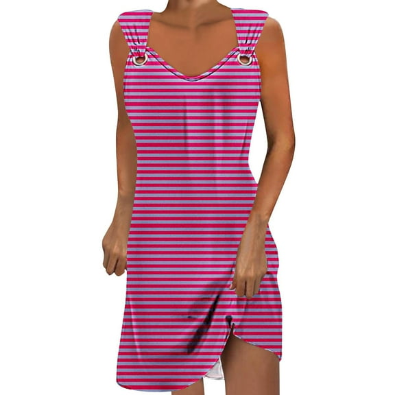 MIUOWANP Women's Summer Halter Casual Dress Horizontal Stripe Print Sleeveless V-Neck Strapless Dress Size M(6)Hot Pink