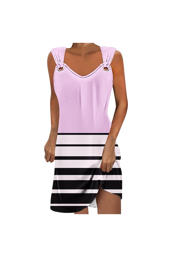 Women's Summer Halter Casual Dress Solid Color Top with Color Blocked Skirt Sleeveless V-Neck Strapless Dress Size M(6)Hot Pink