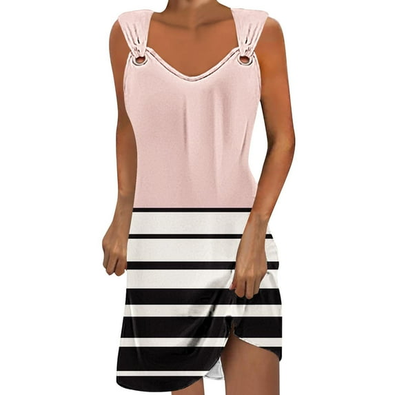 MIUOWANP Women's Summer Halter Casual Dress Solid Color Top with Color Blocked Skirt Sleeveless V-Neck Strapless Dress Size XXL(12)Pink