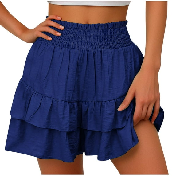 MIUOWANP Women's Summer Imitation Cotton Linen Solid High Waist Shorts with Flower Pleated Hem Casual Pants Shorts for Women Trendy Summer Elastic Waist Blue L