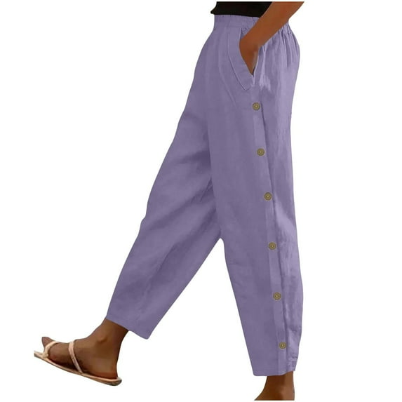 MIUOWANP Women's Summer Pants Imitation Cotton and Linen Solid Color Elastic Waist Casual Pants with Pocket and Side Button Design Purple XL