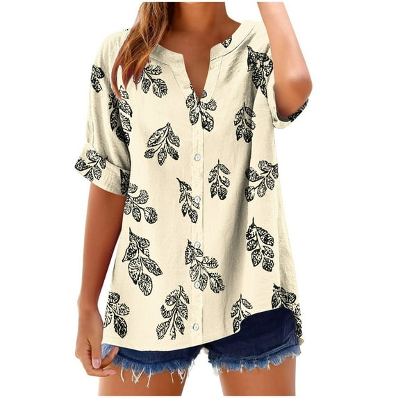 MIUOWANP Women's Summer Printed Tops Casual V-neck Short Sleeved Button Loose Fashionable Bloues Khaki XL