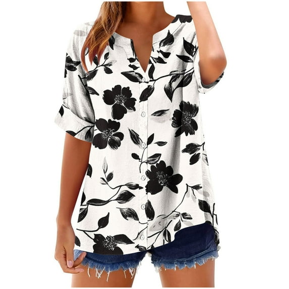 MIUOWANP Women's Summer Printed Tops Casual V-neck Short Sleeved Button Loose Fashionable Bloues Khaki XXL