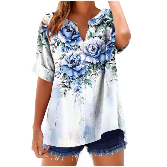 MaFYtyTPR Women's Summer Printed Tops Casual V-neck Short Sleeved Button Loose Fashionable Bloues Light Blue S