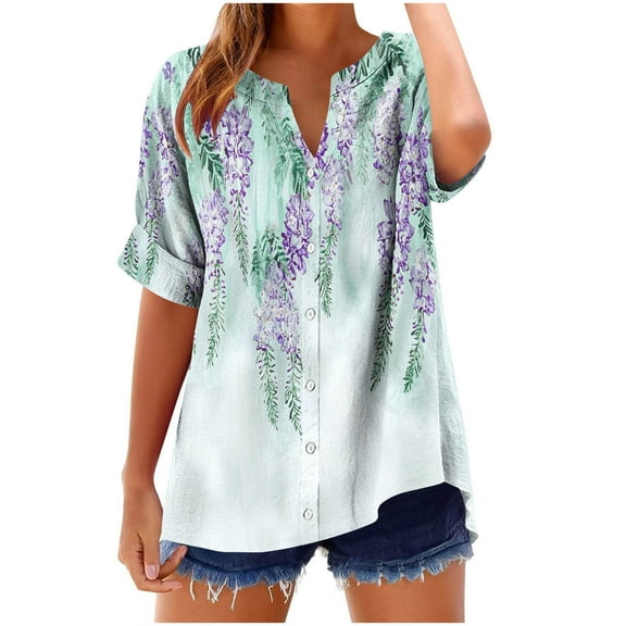 MIUOWANP Women's Summer Printed Tops Casual V-neck Short Sleeved Button Loose Fashionable Bloues Multicolor S