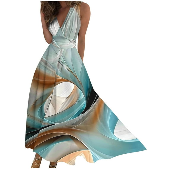 MIUOWANP Women's Summer Sleeveless V-Neck Tank Dress Marble PrintA-line Midi Long Skirt Size L(8)Blue