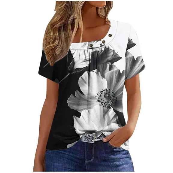 MIUOWANP Women's Summer Tops Plus Size Short Sleeved Pleated Fashionable Square Neck Printed T-shirt Black XL