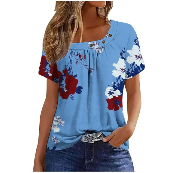 MIUOWANP Women's Summer Tops Plus Size Short Sleeved Pleated Fashionable Square Neck Printed T-shirt Blue M