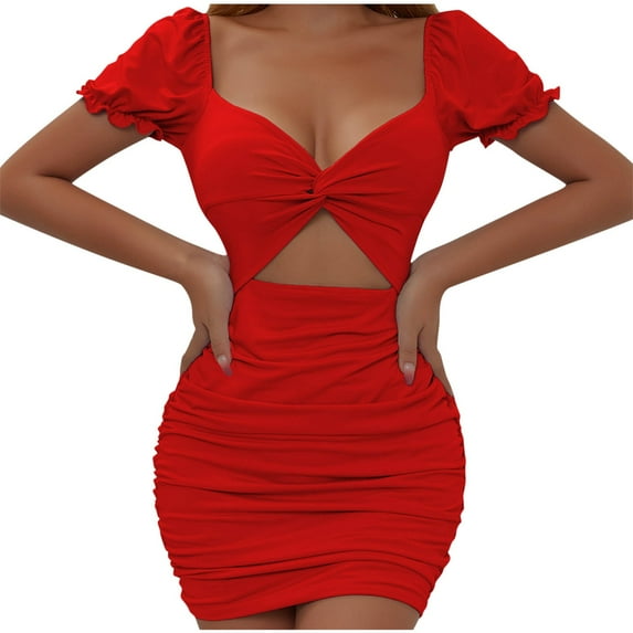 MIUOWANP Women's Summer V-Neck Halter Dresses Solid Color Hollow Out Pleated Puff Sleeve Short Dress Size XS(2)Red