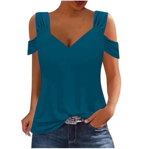 MIUOWANP Women's T-Shirts Casual Solid Color Off Shoulder Top with Waist Cinch Sexy Short Sleeve T-Shirt Size S(4)Blue
