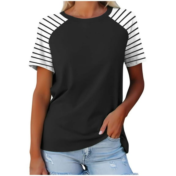 MaFYtyTPR Women's T-shirt Tops Striped Print Loose Breathable Round Neck Shirt Under $10 Size XXL(12)Black