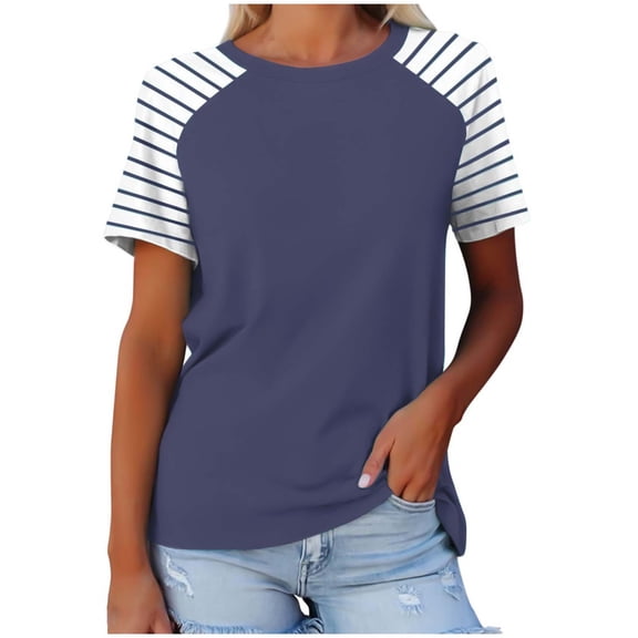MaFYtyTPR Women's T-shirt Tops Striped Print Loose Breathable Round Neck Shirt Under $10 Size XXL(12)Navy