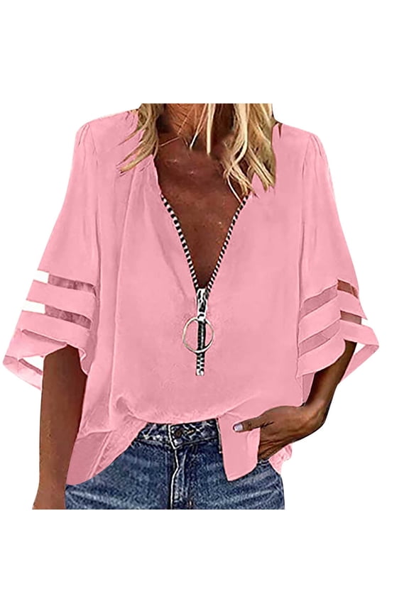 Women's T-shirt Tops Solid Color Zipper Shirt Half Trumpet Sleeves Blouse Pink S