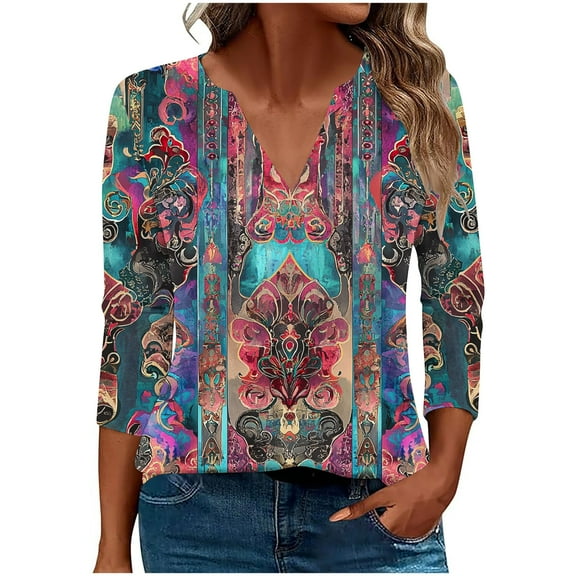 MIUOWANP Women's Tops 3/4 Sleeve Fashion Ladies Floral Printing V-Neck 3/4 Sleeves Casual Comfy Loose Tops Purple S
