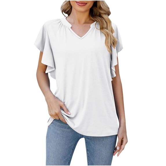 MIUOWANP Women's Tops Casual Women's Solid Color V-neck Short Sleeved T-shirt White XXL