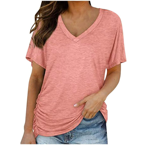 MIUOWANP Women's Tops Plus Size Women's Spring And Summer V-Neck Solid Color Casual Pullover Short Sleeves Tops Red XXL