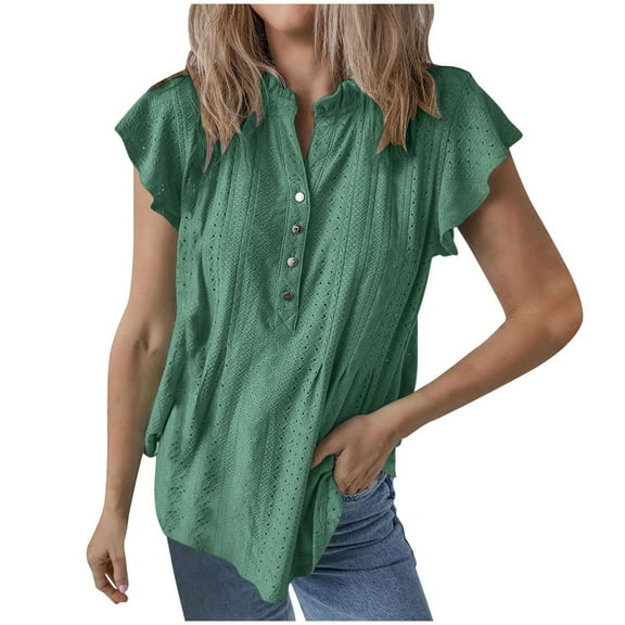 MIUOWANP Women's Tops Short Sleeve Women's Spring And Summer Solid Color V-neck Casual Short Sleeved Top Green XL
