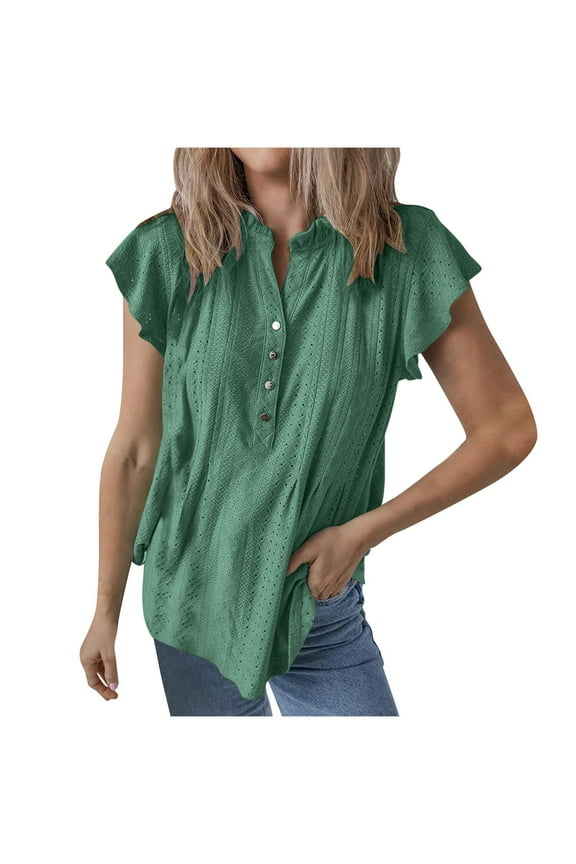 Women's Tops Short Sleeve Women's Spring And Summer Solid Color V-neck Casual Short Sleeved Top Green XL