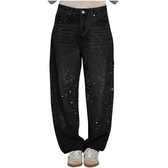 MIUOWANP Women's Wide Leg Jeans High Waist Fashion Button Zipper Wide-legs Denim Pants with Pockets Black XXL