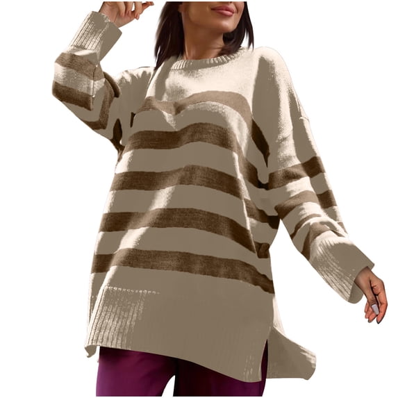 MIUOWANP Women's Winter New Round Neck Sweater Pullover Long Sleeve Tops Casual Loose This Year's Popular Striped Sweater Sweater Beige L