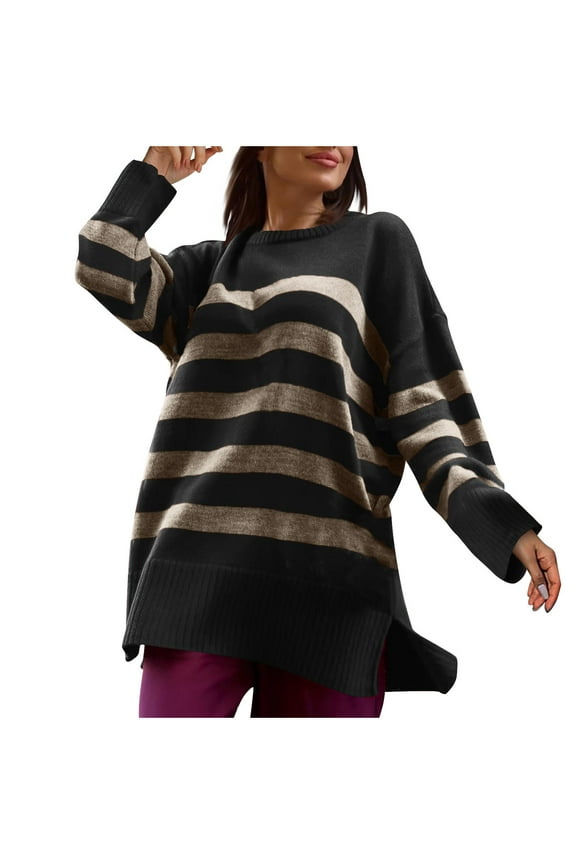Women's Winter New Round Neck Sweater Pullover Long Sleeve Tops Casual Loose This Year's Popular Striped Sweater Sweater Black M
